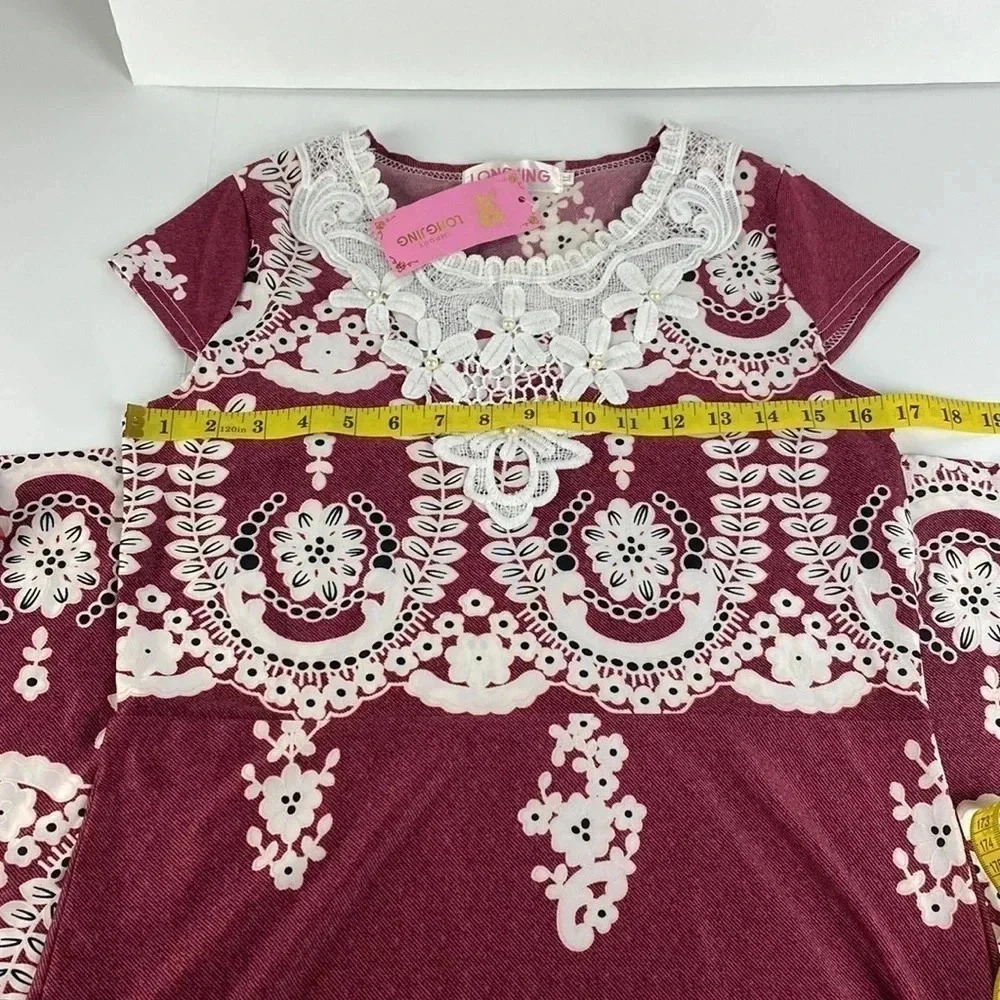 NWT burgundy floral lace print maximalist maxi feminine shift dress medium - Picture 3 of 12